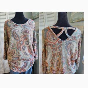 Chico's Paisley Sweater Large Open Back Colorful Coastal All Season